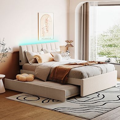 Merax Teddy Fleece Upholstered Platform Bed with Twin size Trundle