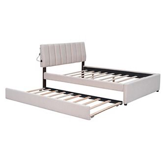 Merax Teddy Fleece Upholstered Platform Bed with Twin size Trundle