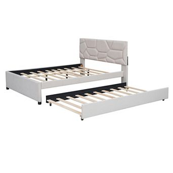Merax Upholstered Platform Bed with Brick Pattern Headboard and Twin Size Trundle
