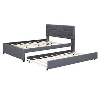 Merax Upholstered Platform Bed with Brick Pattern Headboard and Twin Size Trundle