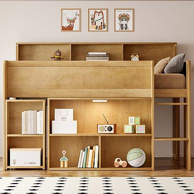 Merax Wood Full Size Loft bed with Multiple Storage Shelves, Desk and LED