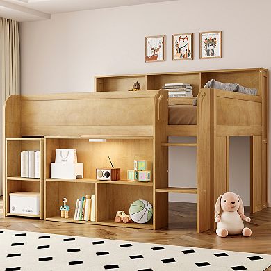Merax Wood Full Size Loft bed with Multiple Storage Shelves, Desk and LED