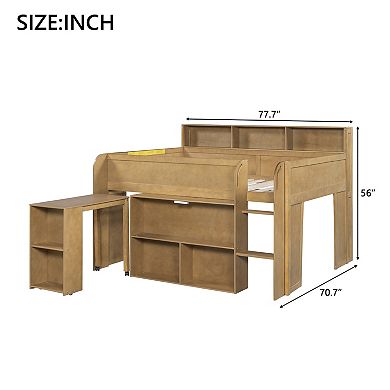 Merax Wood Full Size Loft bed with Multiple Storage Shelves, Desk and LED