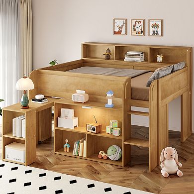 Merax Wood Full Size Loft bed with Multiple Storage Shelves, Desk and LED