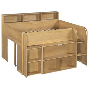 Merax Wood Full Size Loft bed with Multiple Storage Shelves, Desk and LED