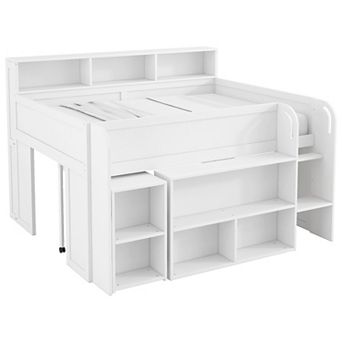 Merax Wood Full Size Loft bed with Multiple Storage Shelves, Desk and LED