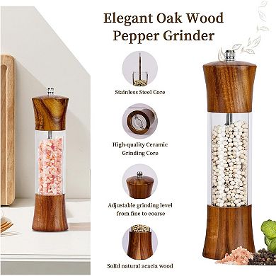 Acacia Wood Salt and Pepper Grinder Set 8 Inch with Adjustable Core