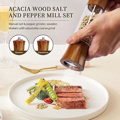 Acacia Wood Salt and Pepper Grinder Set 8 Inch with Adjustable Core