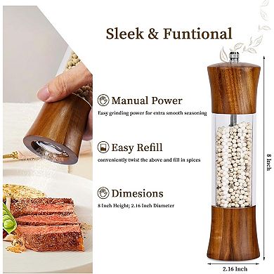 Acacia Wood Salt and Pepper Grinder Set 8 Inch with Adjustable Core