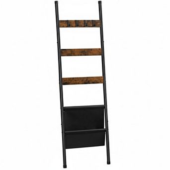 5 tier Blanket Ladder Towel Rack with Hooks Magazine Pocket Rustic Brown