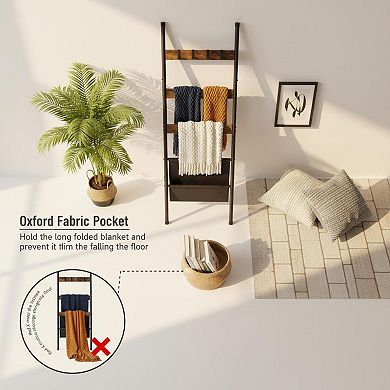 5 Tier Blanket Ladder Towel Rack with Hooks Magazine Pocket Rustic Brown