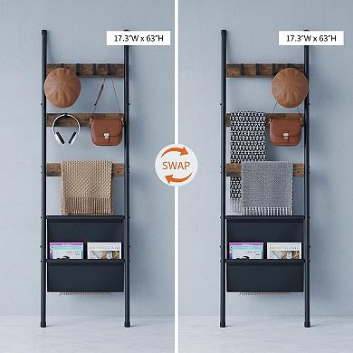 5 Tier Blanket Ladder Towel Rack with Hooks Magazine Pocket Rustic Brown