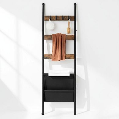 5 Tier Blanket Ladder Towel Rack with Hooks Magazine Pocket Rustic Brown