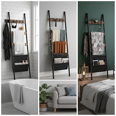 5 Tier Blanket Ladder Towel Rack with Hooks Magazine Pocket Rustic Brown
