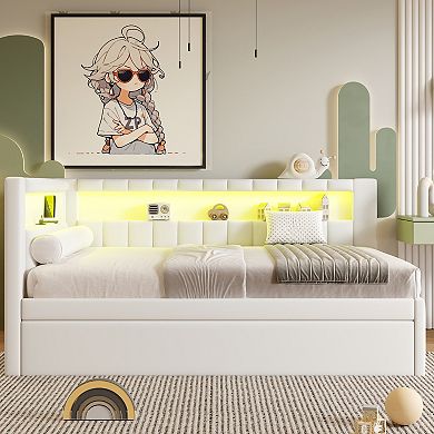 Merax Upholstered Full Size Platform Bed with USB Ports and LED Belt