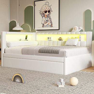 Merax Upholstered Full Size Platform Bed with USB Ports and LED Belt