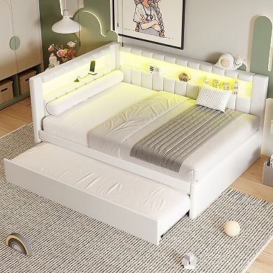 Merax Upholstered Full Size Platform Bed with USB Ports and LED Belt
