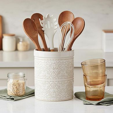 Large Ceramic Kitchen Utensil Holder Lace Emboss Countertop Storage Organizer