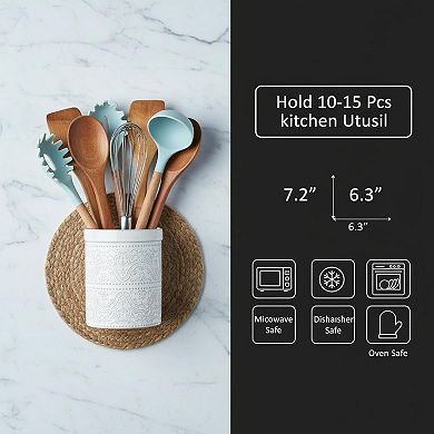 Large Ceramic Kitchen Utensil Holder Lace Emboss Countertop Storage Organizer