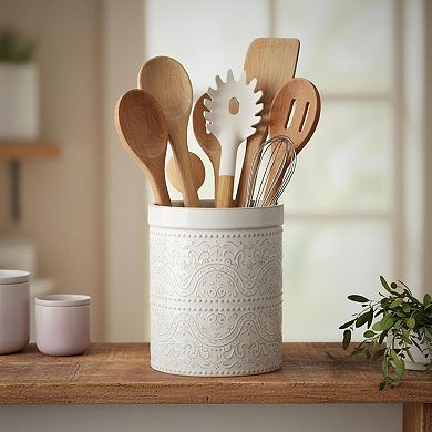 Large Ceramic Kitchen Utensil Holder Lace Emboss Countertop Storage Organizer