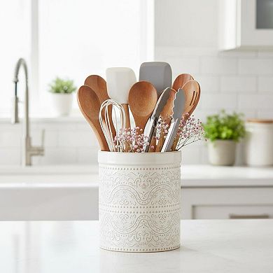 Large Ceramic Kitchen Utensil Holder Lace Emboss Countertop Storage Organizer