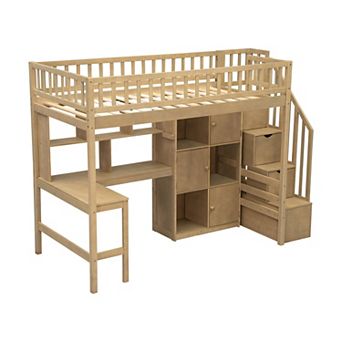 Merax Wood Twin Size Loft Bed with Built-in Desk, LED, Storage Shelves, Cabinets and Staircase