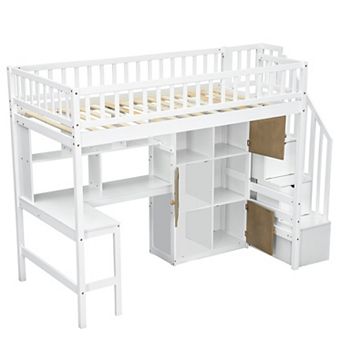 Merax Wood Twin Size Loft Bed with Built-in Desk, LED, Storage Shelves, Cabinets and Staircase