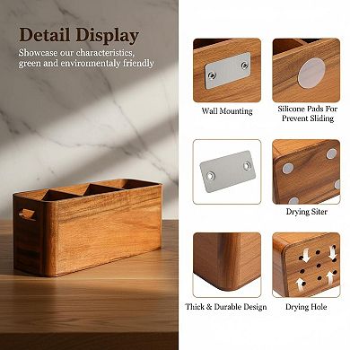 Extra Large Wood Utensil Holder 4 Adjustable Compartments Wall Mount/Countertop Rustic Kitchen