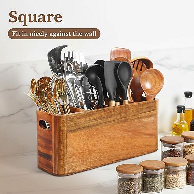 Extra Large Wood Utensil Holder 4 Adjustable Compartments Wall Mount/Countertop Rustic Kitchen