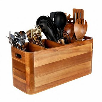 Large Wooden Kitchen Utensil Holder 4-Compartment Removable Partition Rustic Countertop Organizer