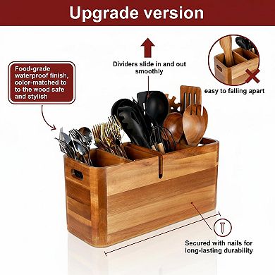 Large Wooden Kitchen Utensil Holder 4-Compartment Removable Partition Rustic Countertop Organizer
