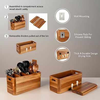 Large Wooden Kitchen Utensil Holder 4-Compartment Removable Partition Rustic Countertop Organizer