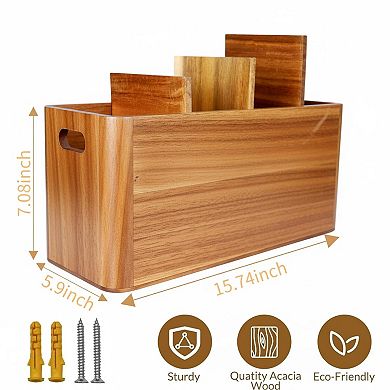 Large Wooden Kitchen Utensil Holder 4-Compartment Removable Partition Rustic Countertop Organizer