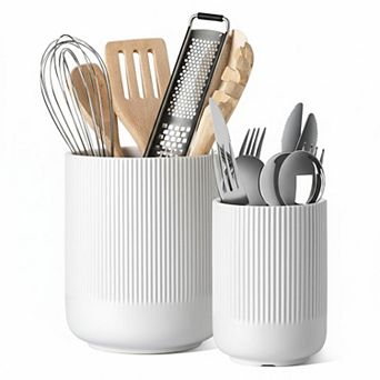 2 pc Kitchen Utensil Holder Set Ceramic Fluted Countertop Organizer