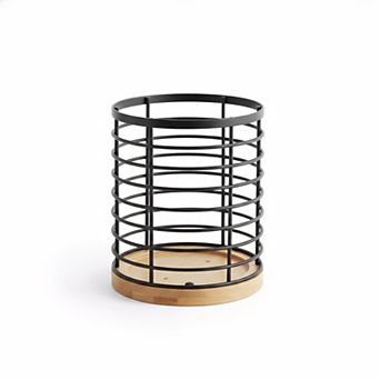 Kitchen Utensil Holder Large Round Metal Bamboo Base Matte Black Cooking Organizer