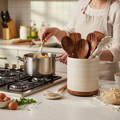360° Rotating Ceramic Utensil Holder Extra Large Kitchen Crock w/ Wooden Base Farmhouse Decor