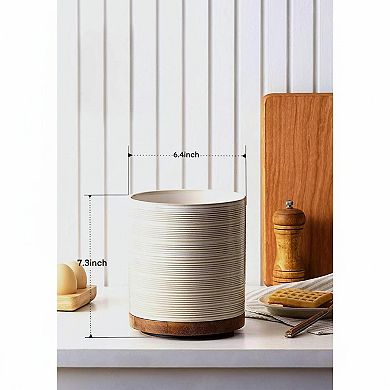 360° Rotating Ceramic Utensil Holder Extra Large Kitchen Crock w/ Wooden Base Farmhouse Decor