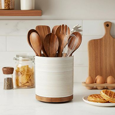 360° Rotating Ceramic Utensil Holder Extra Large Kitchen Crock w/ Wooden Base Farmhouse Decor