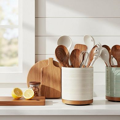 360° Rotating Ceramic Utensil Holder Extra Large Kitchen Crock w/ Wooden Base Farmhouse Decor