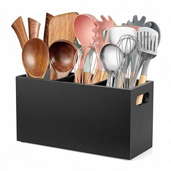 Black Kitchen Utensil Holder Countertop Wooden Large 3 Compartment Organizer Removable Divider
