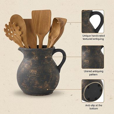Rustic Ceramic Utensil Holder Vintage Pitcher Shape Farmhouse Countertop Organizer