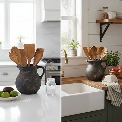 Rustic Ceramic Utensil Holder Vintage Pitcher Shape Farmhouse Countertop Organizer