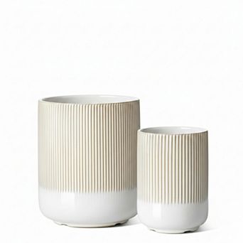2 pc Ceramic Utensil Holders Fluted Warm White Glaze Countertop Organizer