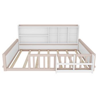 Pnronnc Kids Wood Floor Bed with Fence Guardrail, Storage Compartments Bookshelf, Low Bed Frame