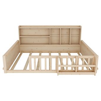 Pnronnc Kids Wood Floor Bed with Fence Guardrail, Storage Compartments Bookshelf, Low Bed Frame