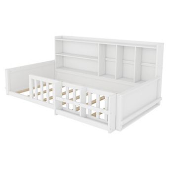 Pnronnc Kids Wood Floor Bed with Fence Guardrail, Storage Compartments Bookshelf, Low Bed Frame