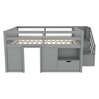 Pnronnc Kids Full Size Bed Wood Low Loft Bed Frame with Storage Stairs, Guardrails, Built-In Drawer