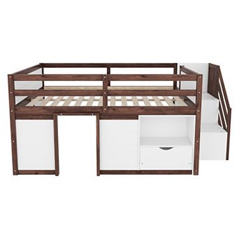 Pnronnc Kids Full Size Bed Wood Low Loft Bed Frame with Storage Stairs, Guardrails, Built-In Drawer