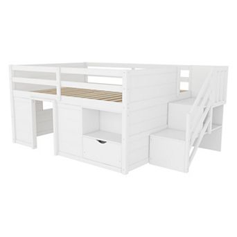 Pnronnc Kids Full Size Bed Wood Low Loft Bed Frame with Storage Stairs, Guardrails, Built-In Drawer