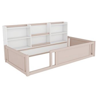 Pnronnc Wooden Platform Floor Bed with Fence Guardrails, Storage Shelves, Montessori Kids Bed Frame
